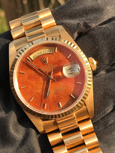 1989 Rolex Day Date Yellow Gold Wood Dial